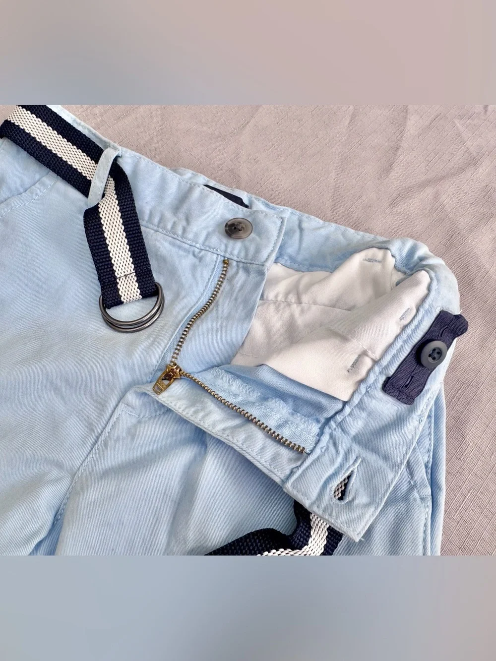 The Children's Place Light Blue Cotton Shorts with Navy & Cream Striped Belt